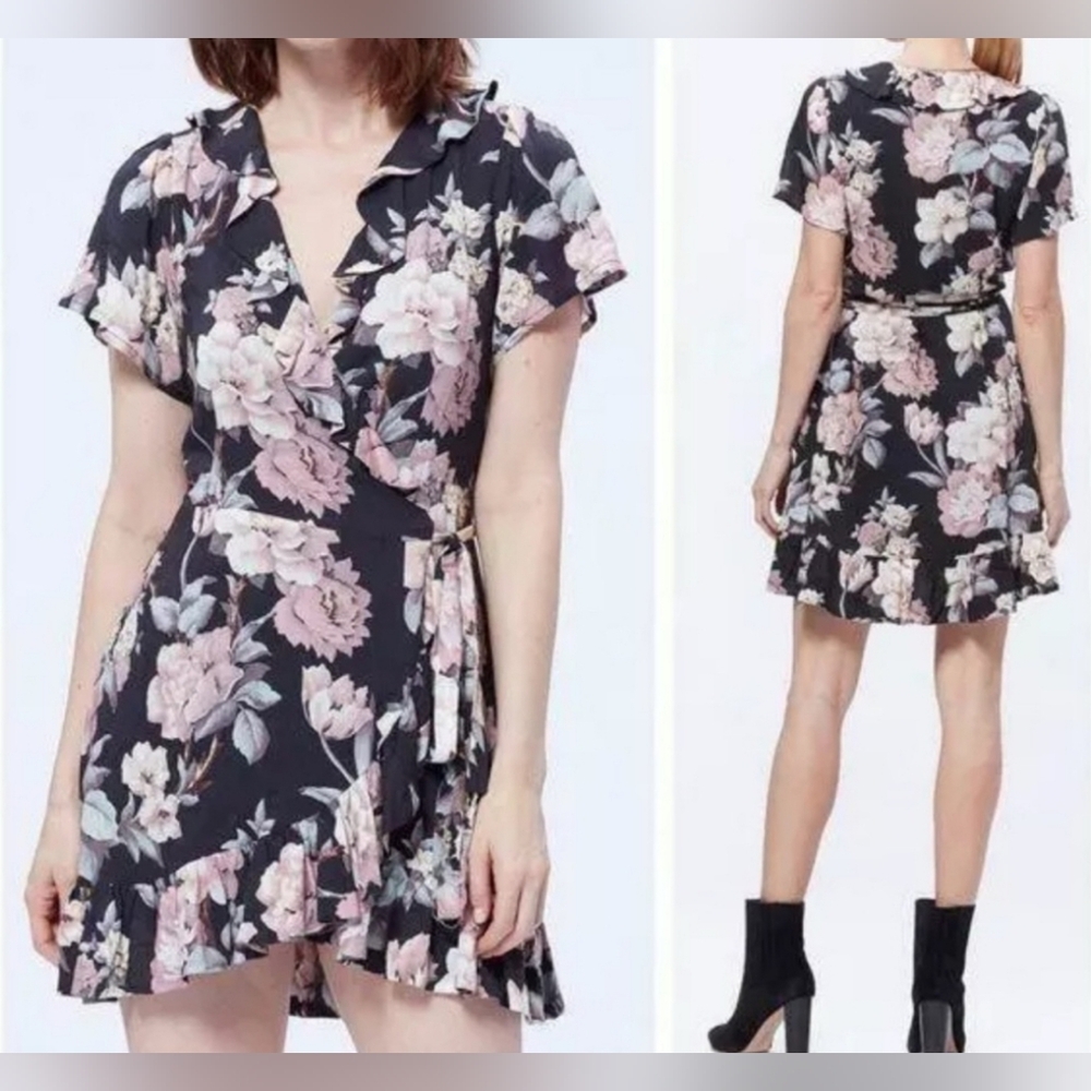Paige Black Astract Floral Wrap Mini Dress, Size XS